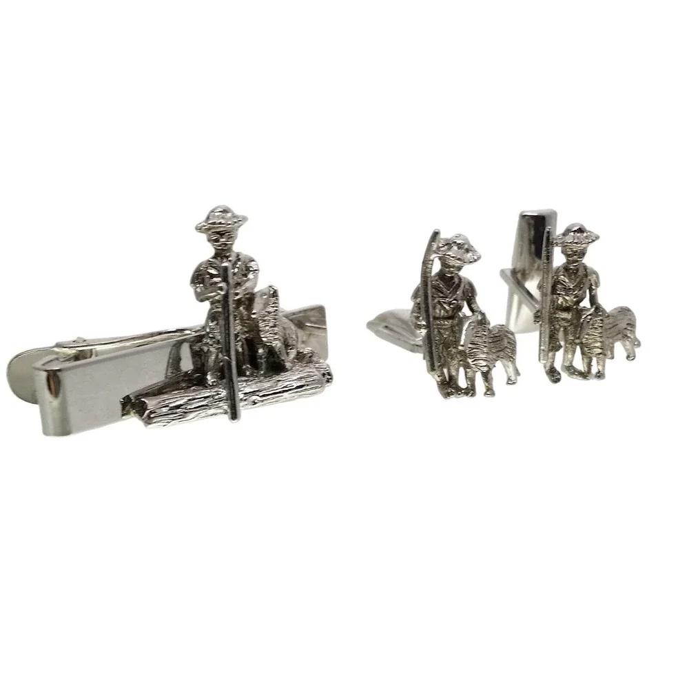Boy & Dog Cufflinks Tie Bar Sarah Coventry Clip Clasp Silver Tom Sawyer Vintage